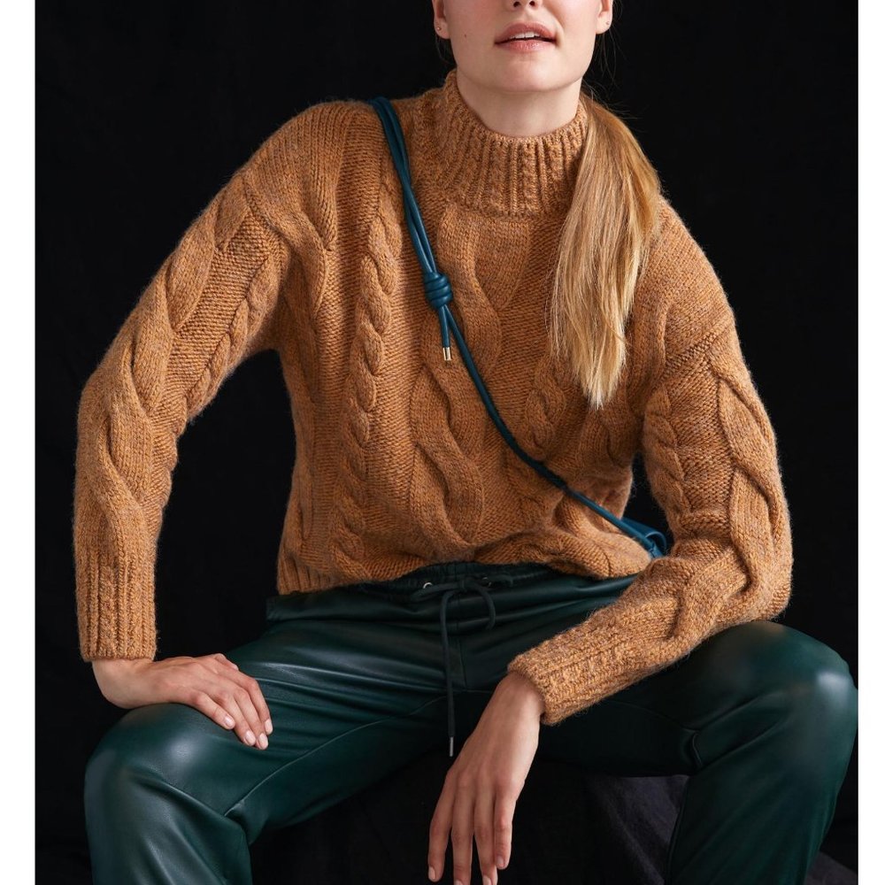 Anthropologie Mock Neck Cable-Knit Sweater Taupe Brown Small